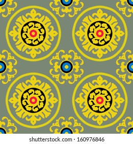 Ethnic pattern in gold and gray with stylized flowers, leaves and circular shapes with Kazakh, Turkish, Uzbek motif Seamless vector texture for print, spring summer fashion, wallpaper, fabric, textile