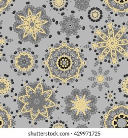 Ethnic pattern in gray gold color with stylized flowers. Seamless vector texture for print, spring summer fashion, fabric, textile