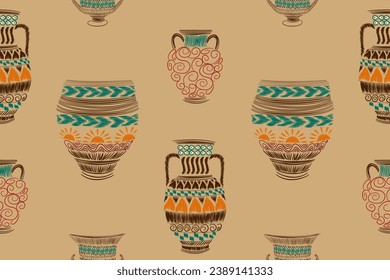 Patrón étnico vasijas griegas con motivos más lisos. Diseño antiguo de patrones sin fisuras ilustraciones vectoriales sobre fondo marrón. Dibujado a mano. 