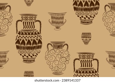 Ethnic pattern Greek vase meander motifs. Ancient pattern design seamless vector illustration on brown background. Hand drawn. 