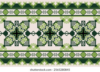 Ethnic pattern of green flower vintage on beige background. Hand-drawn flower ethnic geometric shape. Abstract, tradition, old-fashion, classic, seamless concept for carpet, wallpaper, fabric texture.