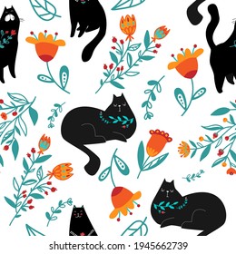 Ethnic pattern with hand drawn cats. Vector illustration for surface textile. Black animal pet and orange flower. Design wrapping paper, wallpaper, textile.