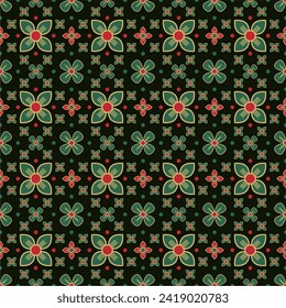 Ethnic pattern. Handkerchief Pattern. Silk neck scarf. Print Bandanas. headscarf. Floral vintage style. Indonesian batik. Textiles, Fabrics, Tiles, Clothing. Tribal texture. Vector. Green, Red, Gold.