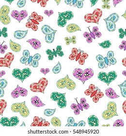 ethnic pattern. heart and butterflies. white background