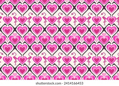 Patrón étnico con corazones y flamencos en ilustraciones de arte de píxeles.  Diseño de patrones sin fisuras vectoriales para tela, baldosas, envoltura, papel pintado y fondo.