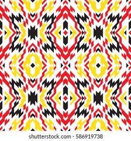 Ethnic pattern ikat design. Tribal ornament plaid. Navajo background. Textile geo print. Abstract triangles seamless swatch.