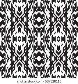 Ethnic pattern ikat design. Tribal ornament plaid. Navajo background. Textile geo print. Abstract triangles seamless swatch. Black and white.