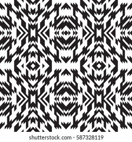 Ethnic pattern ikat design. Tribal ornament plaid. Navajo background. Textile geo print. Abstract triangles seamless swatch. Black and white.