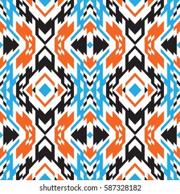 Ethnic pattern ikat design. Tribal ornament plaid. Navajo background. Textile geo print. Abstract triangles seamless swatch.