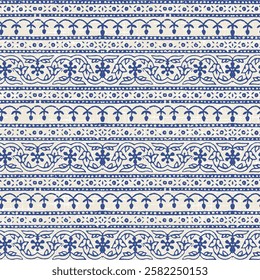 Ethnic pattern illustration, Ajrakh Pattern, ajrakh border and block print and batik stripe print dark blue Background digital printing textile pattern