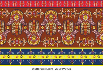 Ethnic Pattern. Ethnic India seamless pattern design oriental style. Hamsa hand India Motif.