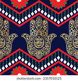 Ethnic Pattern. Ethnic India seamless pattern design oriental style. Hamsa hand India Motif.