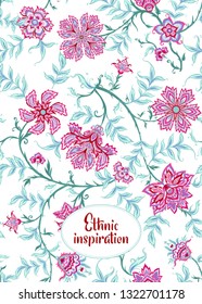 Ethnic pattern in kalymkari style, fantasy floral pattern. Colored vector illustration. Good for the cover of a notebook, tablet, phone