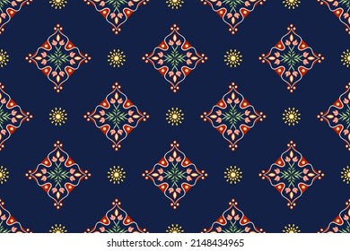 Ethnic pattern. Kerchief Pattern. Silk neck scarf. Bandana Print. Headscarf. Floral vintage style. Indonesian batik.  Textile, Fabric, Tile, Clothing. Tribal texture. Vector. Blue, Red, Gold, Yellow. svg