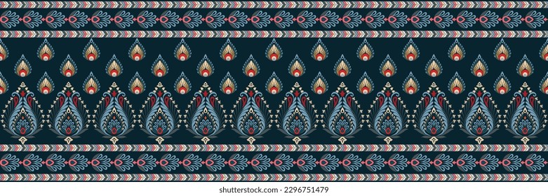 Ethnic pattern. Kerchief Pattern. Silk neck scarf. Bandana Print. Headscarf. Floral vintage style. Indonesian batik. Textile, Fabric, Tile, Clothing. Tribal texture. Vector. Blue, Red, Gold, Yellow.