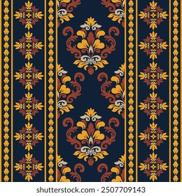 Ethnische Zugehörigkeit. Kerchief Pattern. Halstuch aus Seide. Bandana Print. Kopftuch. Blumenvintage-Stil. Indonesische Batik. Textil, Stoff, Fliesen, Kleidung. Stammesstruktur. Vektor. Blau, Braun, Gelb.
