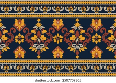 Patrón étnico. Patrón de pañuelo. Bufanda de cuello de seda. Estampado de bandana. Pañuelo en la cabeza. Estilo vintage floral. Batik indonesio. Textil, Tela, Azulejo, Ropa. Textura tribal. Vector. Azul, Marrón, Amarillo.