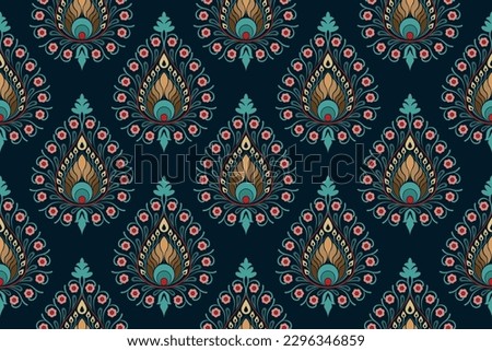 Ethnic pattern. Kerchief Pattern. Silk neck scarf. Bandana Print. Headscarf. Floral vintage style. Indonesian batik. Textile, Fabric, Tile, Clothing. Tribal texture. Vector. Blue, Red, Gold, Yellow.