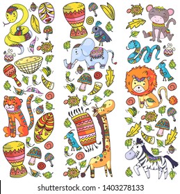 Ethnic pattern kids fabric, textile, nursery wallpaper. Vector illustration. African animals, tribal elements for little children, kids.