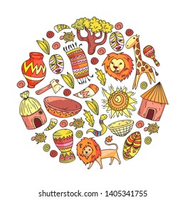 Ethnic pattern kids fabric, textile, nursery wallpaper. Vector illustration. African animals, tribal elements for little children, kids.