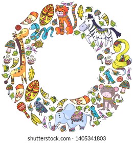 Ethnic pattern kids fabric, textile, nursery wallpaper. Vector illustration. African animals, tribal elements for little children, kids.