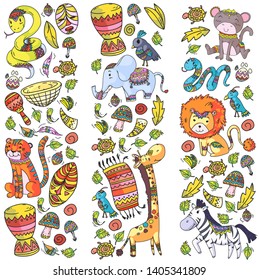 Ethnic pattern kids fabric, textile, nursery wallpaper. Vector illustration. African animals, tribal elements for little children, kids.