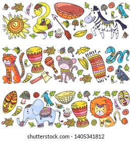 Ethnic pattern kids fabric, textile, nursery wallpaper. Vector illustration. African animals, tribal elements for little children, kids.