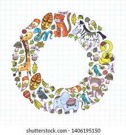 Ethnic pattern kids fabric, textile, nursery wallpaper. Vector illustration. African animals, tribal elements for little children, kids.