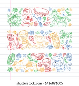 Ethnic pattern kids fabric, textile, nursery wallpaper. Vector illustration. African animals, tribal elements for little children, kids.