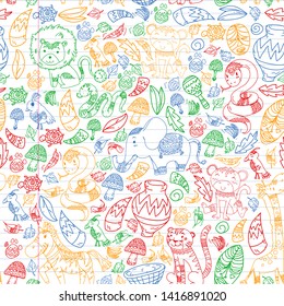 Ethnic pattern kids fabric, textile, nursery wallpaper. Vector illustration. African animals, tribal elements for little children, kids.