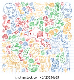 Ethnic pattern kids fabric, textile, nursery wallpaper. Vector illustration. African animals, tribal elements for little children, kids.