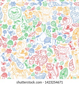 Ethnic pattern kids fabric, textile, nursery wallpaper. Vector illustration. African animals, tribal elements for little children, kids.