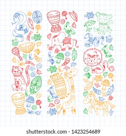 Ethnic pattern kids fabric, textile, nursery wallpaper. Vector illustration. African animals, tribal elements for little children, kids.