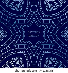 Ethnic pattern with lace, mandala decoration on dark background. Vector template for flyer, card, brochure, cover, package etc.