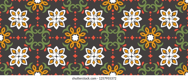 Ethnic pattern. Mediterranean seamless wallpaper. Portuguese azulezhu. Turkish ornament, Moroccan mosaic. Spanish porcelain. Ceramic dishes, folk print. Spanish tile Talavera.