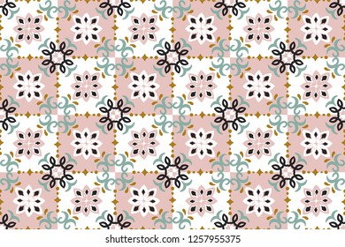 Ethnic pattern. Mediterranean seamless wallpaper. Portuguese azulezhu. Turkish ornament, Moroccan mosaic. Spanish porcelain. Ceramic dishes, folk print. Spanish tile Talavera.
