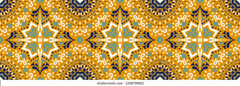 Ethnic pattern. Mediterranean seamless wallpaper. Portuguese azulezhu. Turkish ornament, Moroccan mosaic. Spanish porcelain. Ceramic dishes, folk print. Spanish tile Talavera.