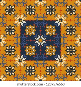 Ethnic pattern. Mediterranean seamless wallpaper. Portuguese Azulejo. Turkish ornament, Moroccan mosaic. Spanish porcelain. Ceramic dishes, folk print. Tile design. Indian patchwork.