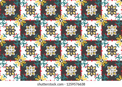 Ethnic pattern. Mediterranean seamless wallpaper. Portuguese Azulejo. Turkish ornament, Moroccan mosaic. Spanish porcelain. Ceramic dishes, folk print. Tile design. Indian patchwork.