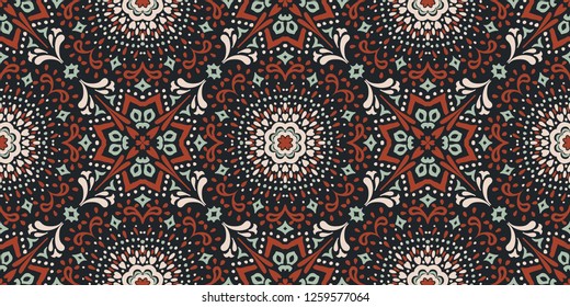Ethnic pattern. Mediterranean seamless wallpaper. Portuguese tile. Turkish ornament on the carpet. Moroccan mosaic. Spanish porcelain. Ceramic dishes, folk print. Spanish Talavera. Ornate rug. 