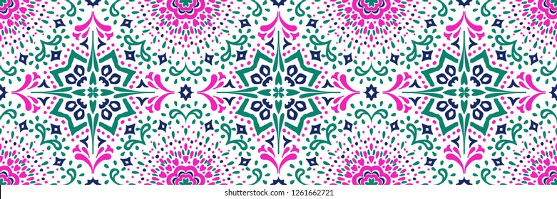 Ethnic pattern. Mediterranean seamless wallpaper. Portuguese tile. Turkish ornament on the carpet. Moroccan mosaic. Spanish porcelain. Ceramic dishes, folk print. Spanish Talavera. Ornate rug. 