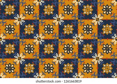 Ethnic pattern. Mediterranean seamless wallpaper. Portuguese Azulejo. Turkish ornament, Moroccan mosaic. Spanish porcelain. Ceramic dishes, folk print. Tile design. Indian patchwork.