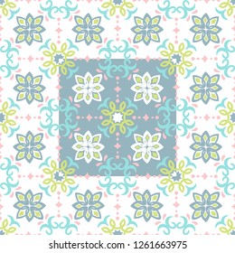Ethnic pattern. Mediterranean seamless wallpaper. Portuguese Azulejo. Turkish ornament, Moroccan mosaic. Spanish porcelain. Ceramic dishes, folk print. Tile design. Indian patchwork.