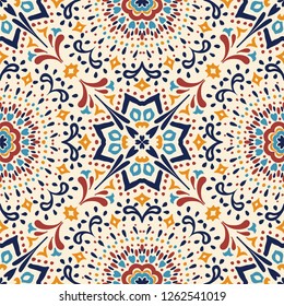 Ethnic pattern. Mediterranean seamless wallpaper. Portuguese tile. Turkish ornament on the carpet. Moroccan mosaic. Spanish porcelain. Ceramic dishes, folk print. Spanish Talavera. Ornate rug. 