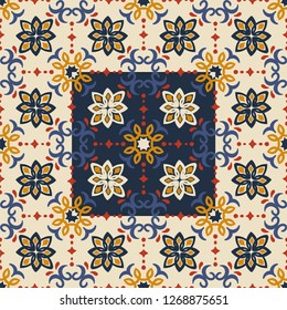 Ethnic pattern. Mediterranean seamless wallpaper. Portuguese Azulejo. Turkish ornament, Moroccan mosaic. Spanish porcelain. Ceramic dishes, folk print. Tile design. Indian patchwork.