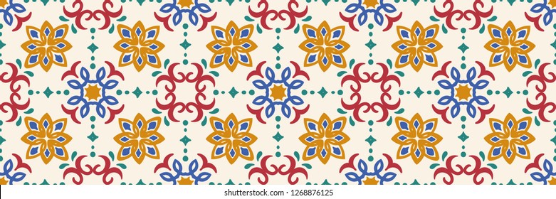 Ethnic pattern. Mediterranean seamless wallpaper. Portuguese Azulejo. Turkish ornament, Moroccan mosaic. Spanish porcelain. Ceramic dishes, folk print. Tile design. Indian patchwork.