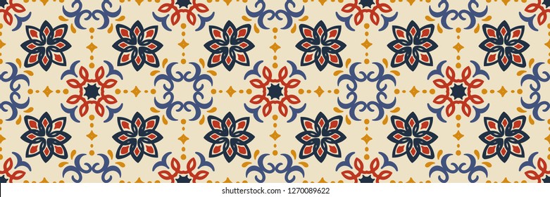 Ethnic pattern. Mediterranean seamless wallpaper. Portuguese Azulejo. Turkish ornament, Moroccan mosaic. Spanish porcelain. Ceramic dishes, folk print. Tile design. Indian patchwork.