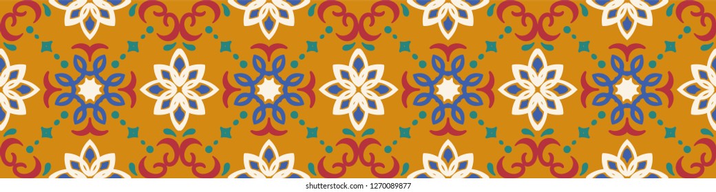 Ethnic pattern. Mediterranean seamless wallpaper. Portuguese Azulejo. Turkish ornament, Moroccan mosaic. Spanish porcelain. Ceramic dishes, folk print. Tile design. Indian patchwork.