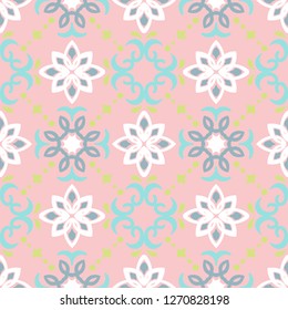 Ethnic pattern. Mediterranean seamless wallpaper. Portuguese Azulejo. Turkish ornament, Moroccan mosaic. Spanish porcelain. Ceramic dishes, folk print. Tile design. Indian patchwork.