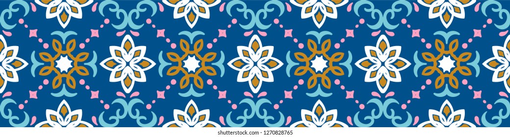 Ethnic pattern. Mediterranean seamless wallpaper. Portuguese Azulejo. Turkish ornament, Moroccan mosaic. Spanish porcelain. Ceramic dishes, folk print. Tile design. Indian patchwork.